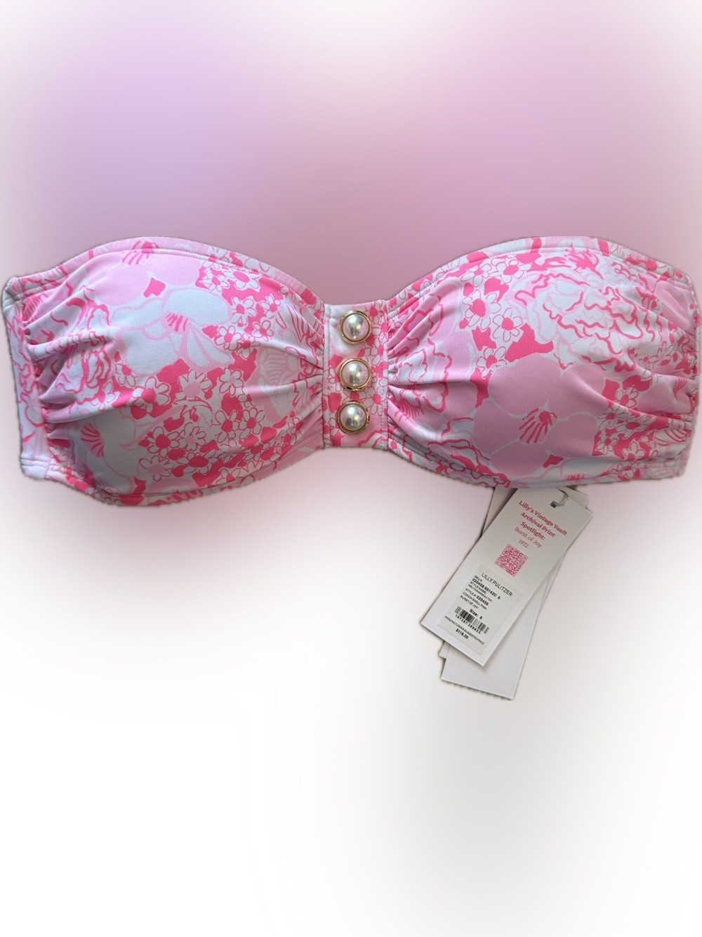 Lilly Pulitzer Pink Floral Pearl-Accent Bandeau Bikini Top, NWTs burst of joy s6